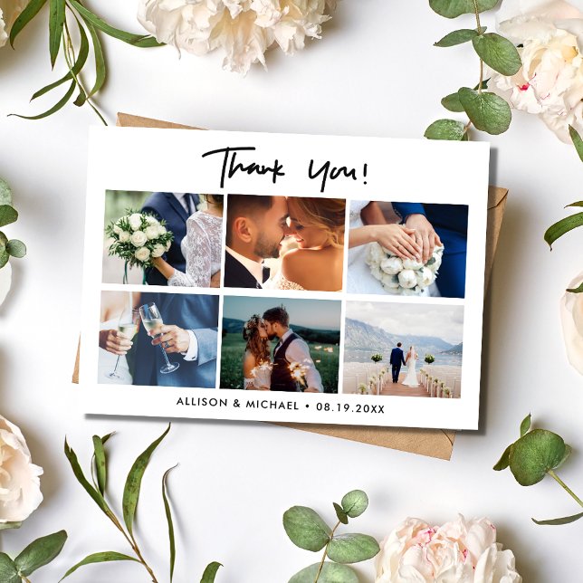 Tarjeta de agradecimiento de Collage de fotos de d (Wedding Day Photo Collage Thank You Card)
