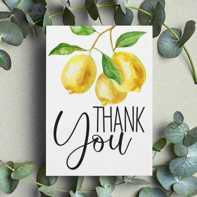Tarjeta de agradecimiento de color limón amarillo  (Watercolor lemon drop thank you flat card features fun typography as well as citrus watercolor.)