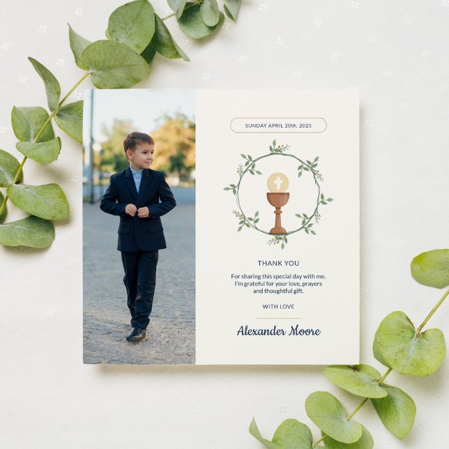 Tarjeta de agradecimiento de Communición fotográfi (First Communion reminder with photo and floral wreath)