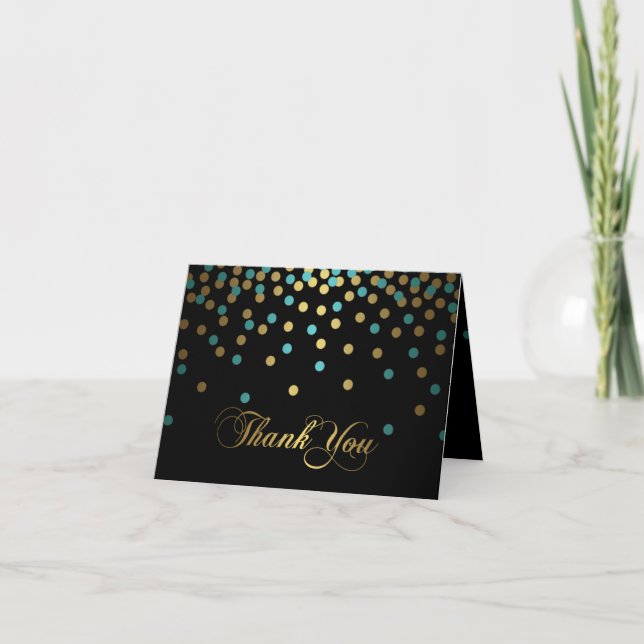 Tarjeta de agradecimiento de confeti azul y dorado (Anverso)