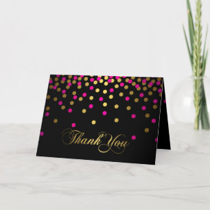 Tarjeta de agradecimiento de confeti rosa y dorado