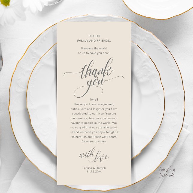 Tarjeta de agradecimiento de configuración de la r (Modern Script Wedding Guest Dinner Reception Brunch Lunch Thank You Card in Classy Warm Cream Grey)