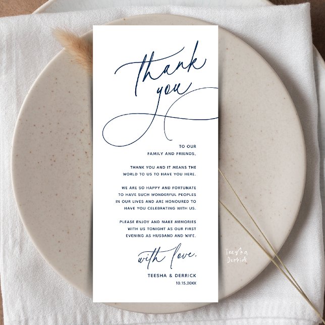 Tarjeta de agradecimiento de configuración de luga (Romantic Wedding Place Setting Thank You Card in Navy Blue)