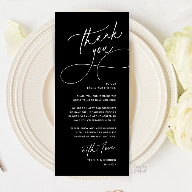 Tarjeta de agradecimiento de configuración de luga (Romantic Wedding Place Setting Thank You Card in Classy Black)
