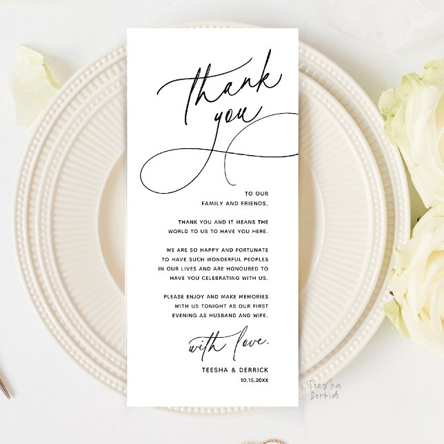 Tarjeta de agradecimiento de configuración de luga (Romantic Wedding Place Setting Thank You Card in Black and white)