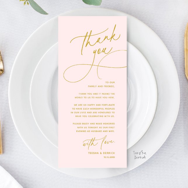 Tarjeta de agradecimiento de configuración de luga (Romantic Wed Dinner Place Setting Thank You Card in Gold Yellow Blush)