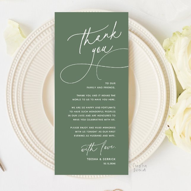 Tarjeta de agradecimiento de configuración de luga (Romantic Wedding Place Setting Thank You Card in Sage Green)