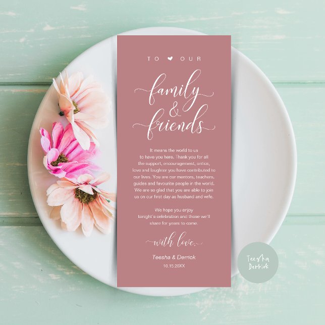 Tarjeta de agradecimiento de configuración de luga (Dusty Rose Pink Wedding Place Setting Thank You Card, Dinner Lunch Brunch Party Celebration)