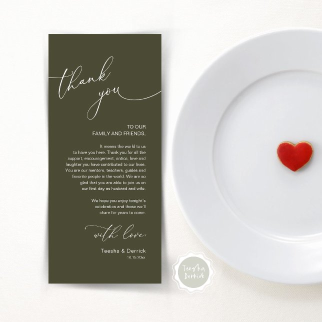 Tarjeta de agradecimiento de configuración de luga (Modern Romantic Wedding Lunch, Brunch, Dinner Place Setting Thank You Card, in Olive Green)