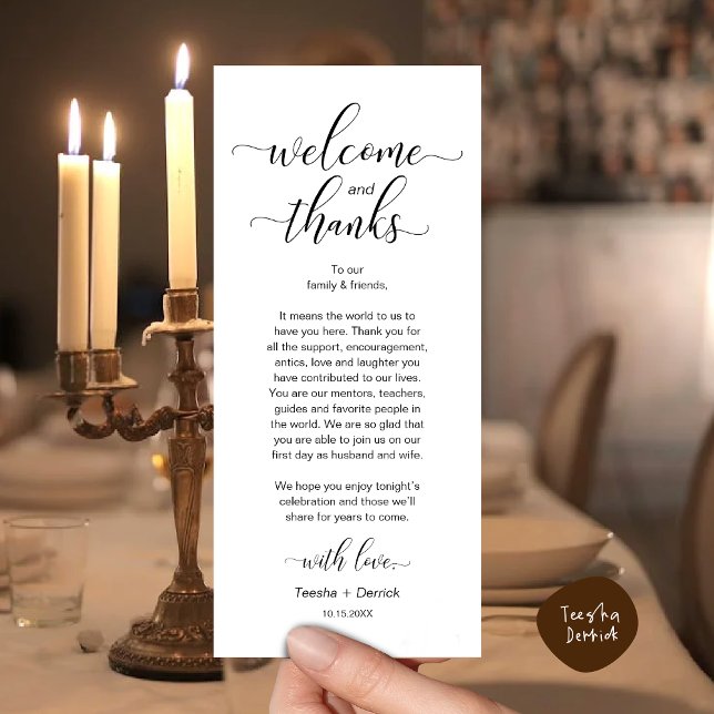 Tarjeta de agradecimiento de configuración de mesa (Modern Wedding Dinner Brunch Lunch Table Place Setting Thank You Card in Classy Black White)