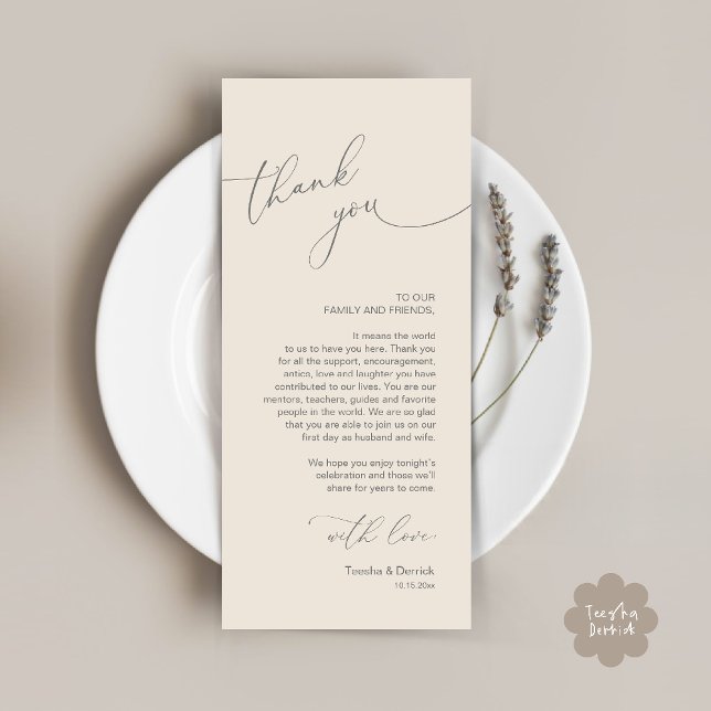 Tarjeta de agradecimiento de configuración del lug (Wedding Dinner Celebration Place Setting Thank You Modern Romantic Card in Cream Grey)