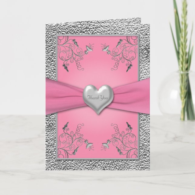 Tarjeta de agradecimiento de corazón rosa y estaño (Anverso)