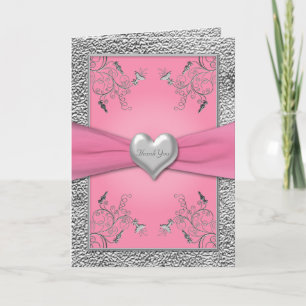 Tarjeta de agradecimiento de corazón rosa y estaño