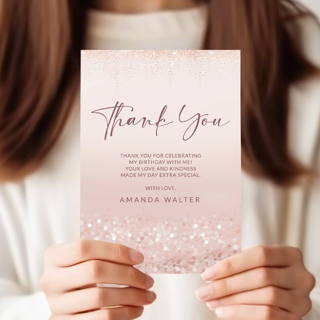 Tarjeta de agradecimiento de cumpleaños 21 con bri (Rose Gold Glitter 21st Birthday Thank You Card)