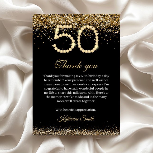 Tarjeta de agradecimiento de cumpleaños 50 Elegant (Gold Diamonds 50th birthday thank you Card)