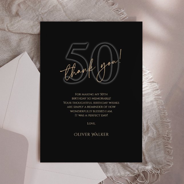Tarjeta de agradecimiento de cumpleaños 50 Moderno (Modern Black Gold 50th Birthday Thank You Card)