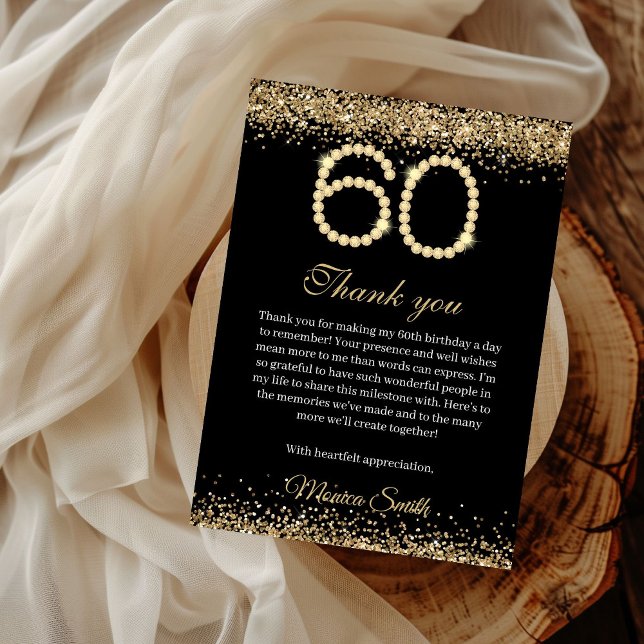 Tarjeta de agradecimiento de cumpleaños 60 Elegant (Gold Diamonds 60th Birthday Thank you card)