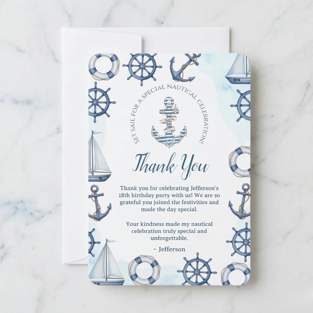 Tarjeta de agradecimiento de cumpleaños con ancla  (The perfect finish for your nautical party.)