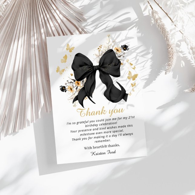 Tarjeta de agradecimiento de cumpleaños con lazo n (Elegant Black Coquette bow wildflowers thank you card)