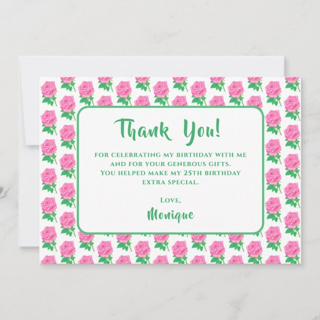Tarjeta de agradecimiento de cumpleaños con rosa r (Anverso)