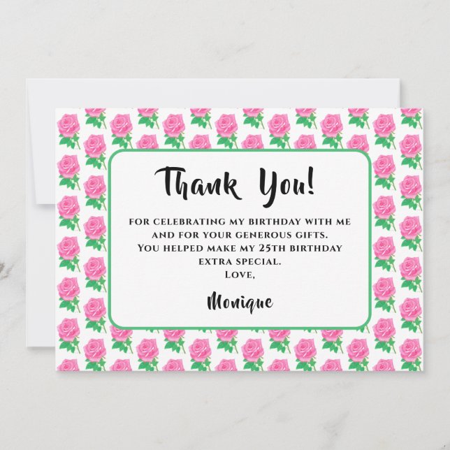 Tarjeta de agradecimiento de cumpleaños con rosa r (Anverso)