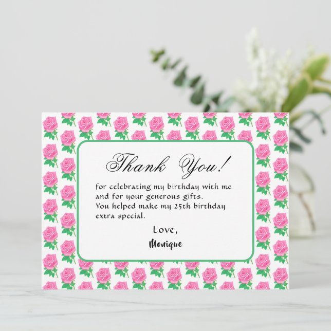 Tarjeta de agradecimiento de cumpleaños con rosa r (Anverso de pie)