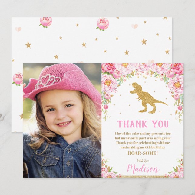 Tarjeta de agradecimiento de cumpleaños de dinosau (Anverso / Reverso)