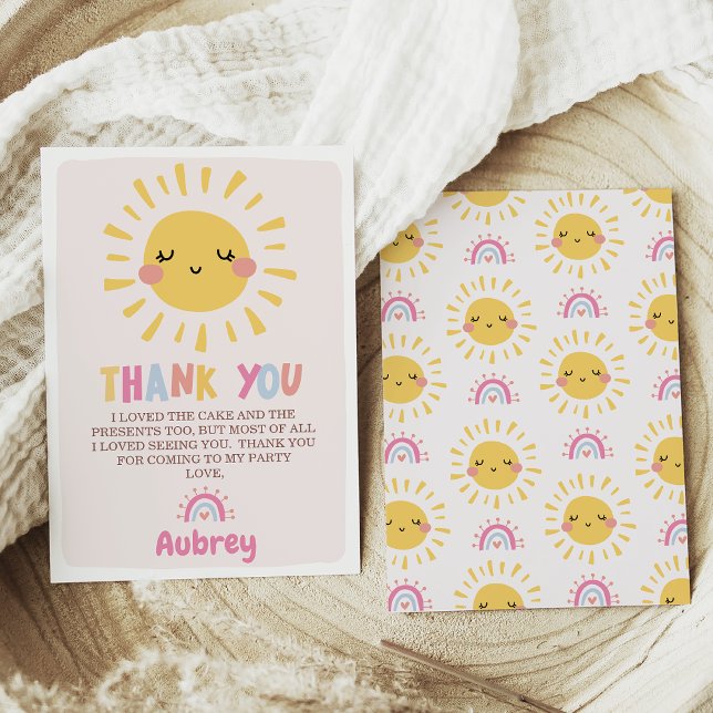 Tarjeta de agradecimiento de cumpleaños de nuestro (Our Little Sunshine 1st Birthday Thank You Card, Girl Summer Birthday Thank You Card, Smiling sun)