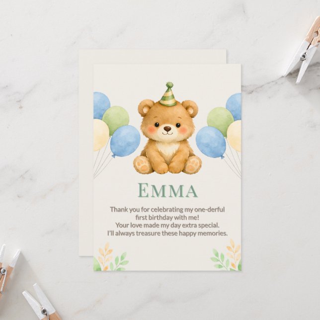 Tarjeta de agradecimiento de cumpleaños de oso de  (Anverso/Reverso In Situ)