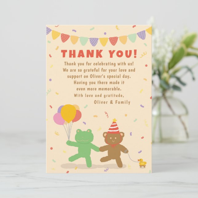 Tarjeta de agradecimiento de cumpleaños de rana y  (Anverso de pie)