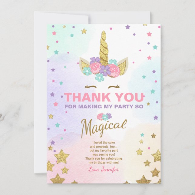Tarjeta de agradecimiento de cumpleaños de Unicorn (Anverso)
