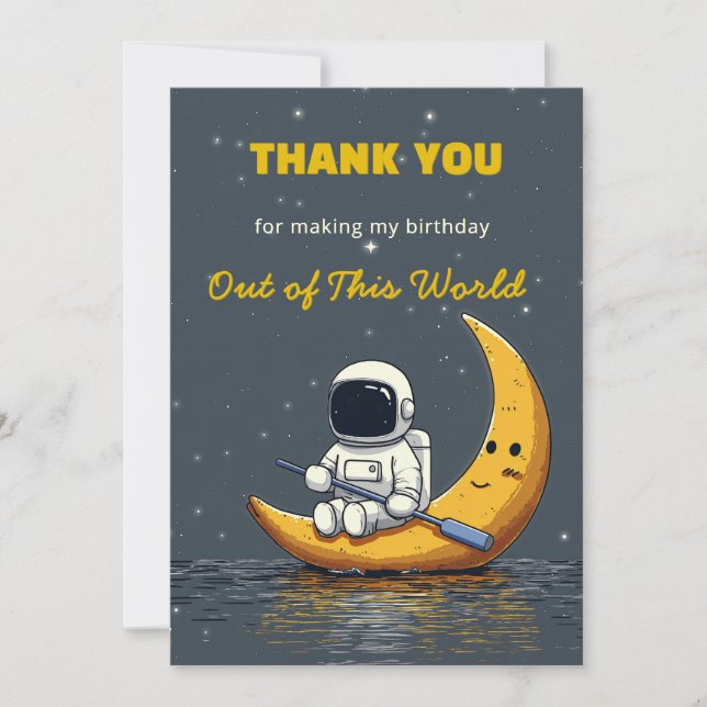Tarjeta de agradecimiento de cumpleaños espacial f (Anverso)