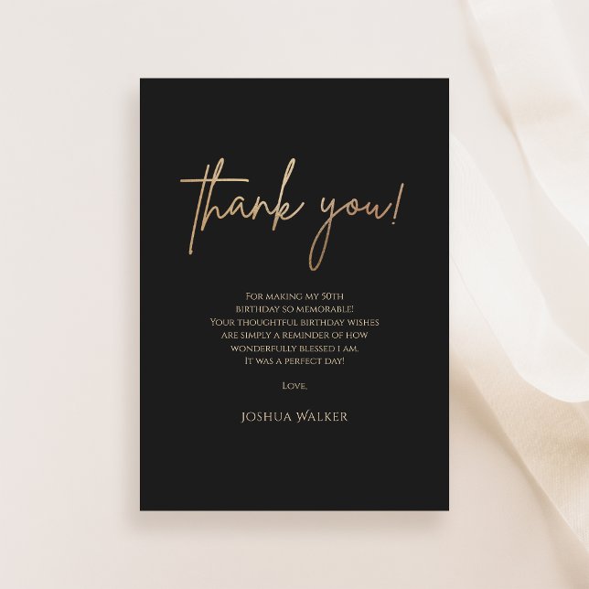 Tarjeta de agradecimiento de cumpleaños número 50  (Luxury Black Gold 50th Birthday Thank You Card)