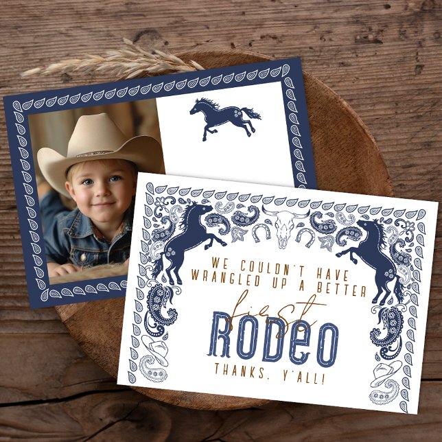 Tarjeta de agradecimiento de cumpleaños para el pr (1st Rodeo Birthday Thank You Card)