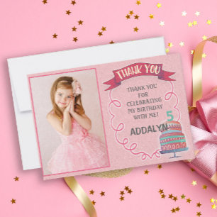 Tarjeta de agradecimiento de cumpleaños rosa y fot