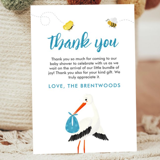 Tarjeta de agradecimiento de Cute Blue Stork Baby  (Blue Thank you card template for baby shower or baby sprinkle with stork, bees and butterflies)
