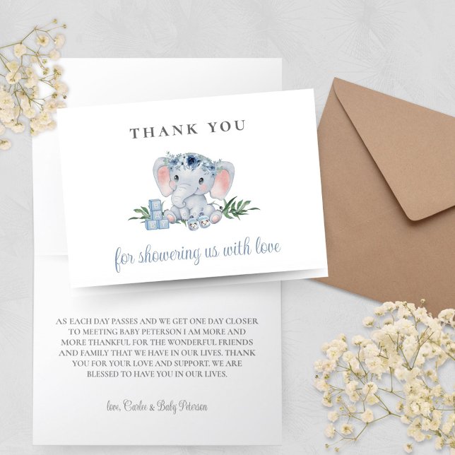 Tarjeta de agradecimiento de Cute Elephant Blue Ba (Minimal Elephant Baby Shower Thank You Cards with Blue Floral and Greenery for Baby Boy Shower)