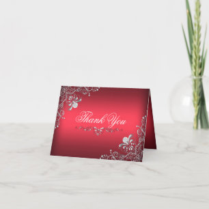 Tarjeta de agradecimiento de damasco rojo y plata