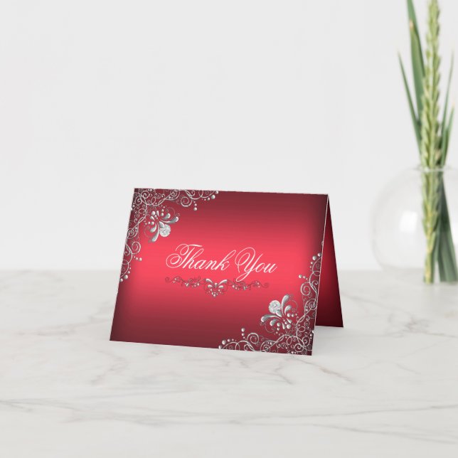 Tarjeta de agradecimiento de damasco rojo y plata (Anverso)
