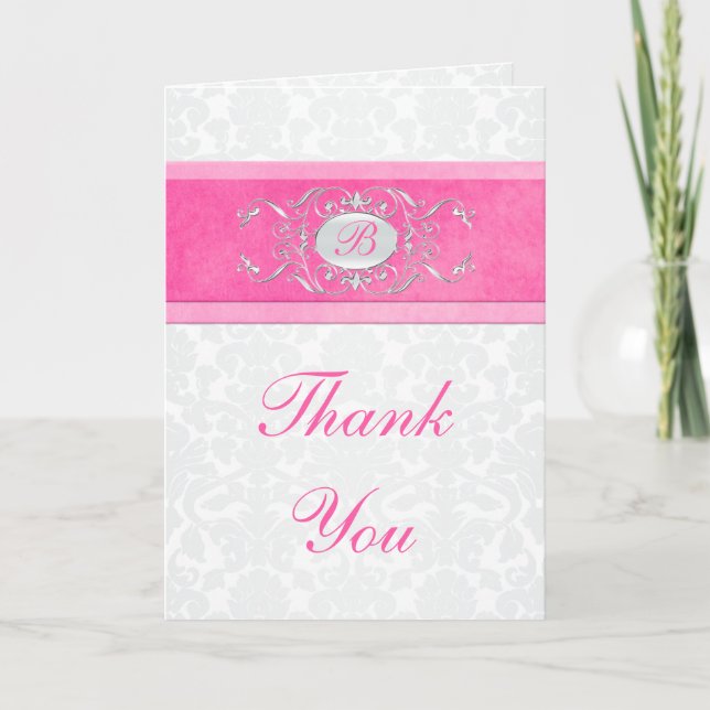 Tarjeta de agradecimiento de damasco rosa, blanca  (Anverso)