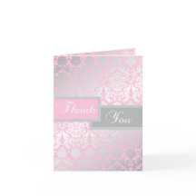 Tarjeta de agradecimiento de damasco rosa y gris