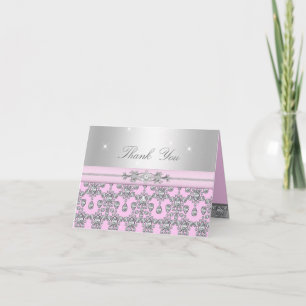 Tarjeta de agradecimiento de diamante rosa y plata