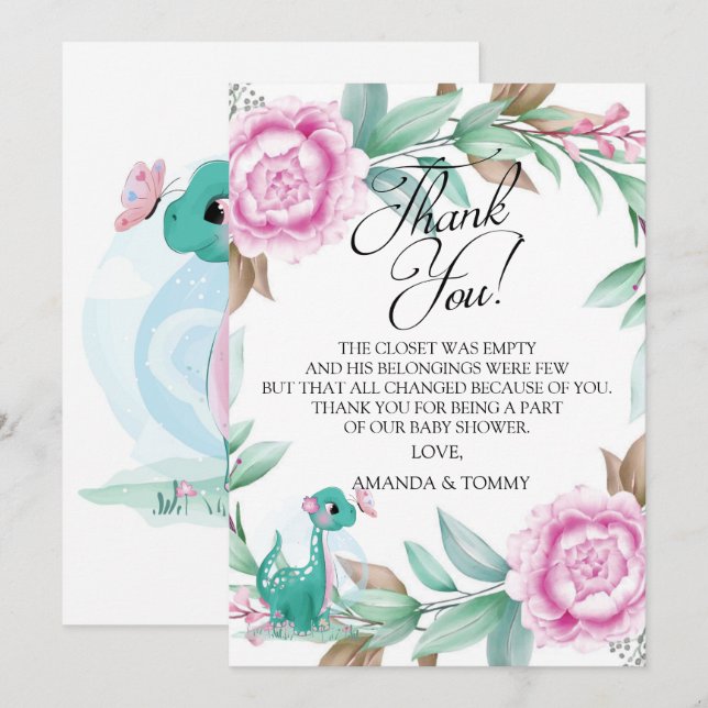 Tarjeta de agradecimiento de dinosaurios rosados (Anverso / Reverso)