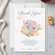 Tarjeta de agradecimiento de elefante en avión con