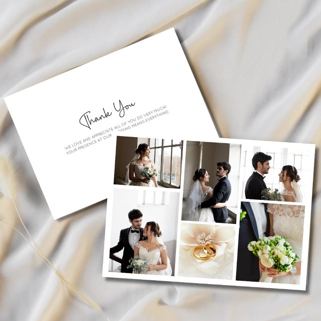Tarjeta de agradecimiento de elegante collage de f (Elegant Wedding Photo Collage Thank You Card)