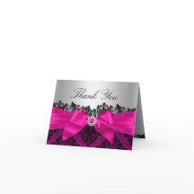 Tarjeta de agradecimiento de encaje damasco y lazo