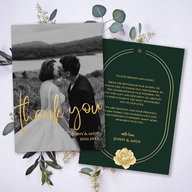 Tarjeta de agradecimiento de escritura de oro de E (Emerald Gold Script Modern Photo Thank You Card)