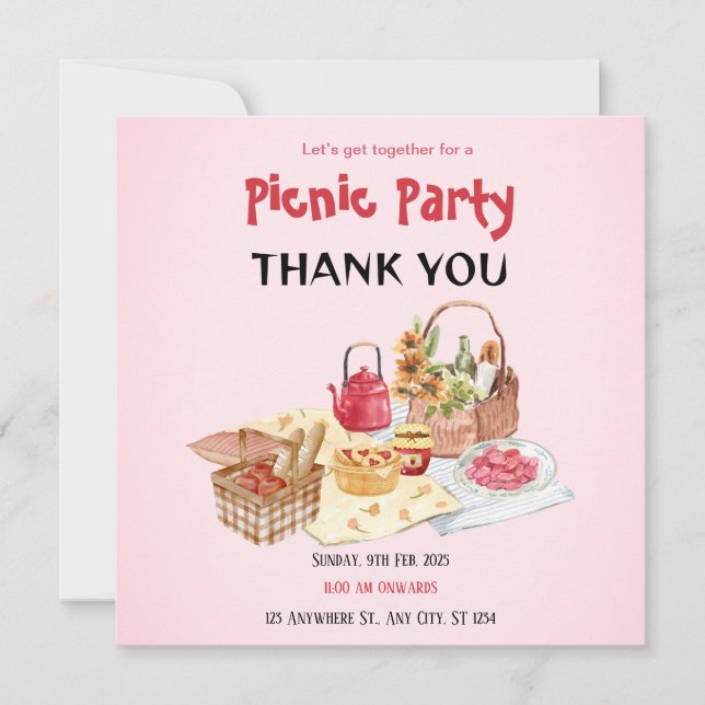 Tarjeta de agradecimiento de fiesta de picnic rosa (Anverso)
