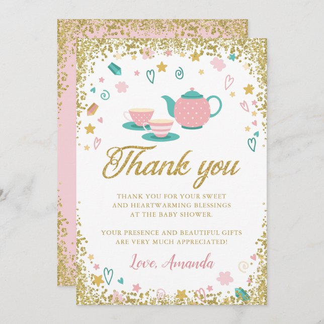 Tarjeta de agradecimiento de fiesta de té con bril (Anverso / Reverso)