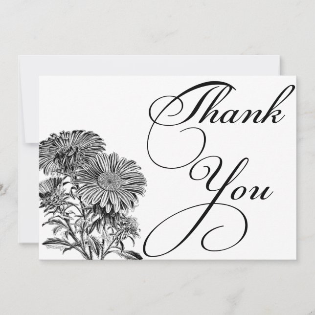 Tarjeta de agradecimiento de flores en blanco y ne (Anverso)